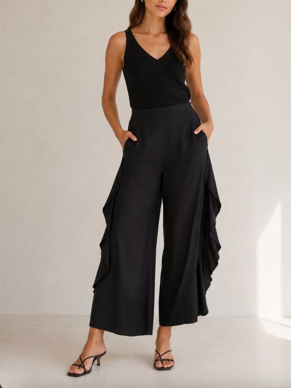 AnthropologieElevenses Black Wide Leg Ruffle Trousers Black Size 4